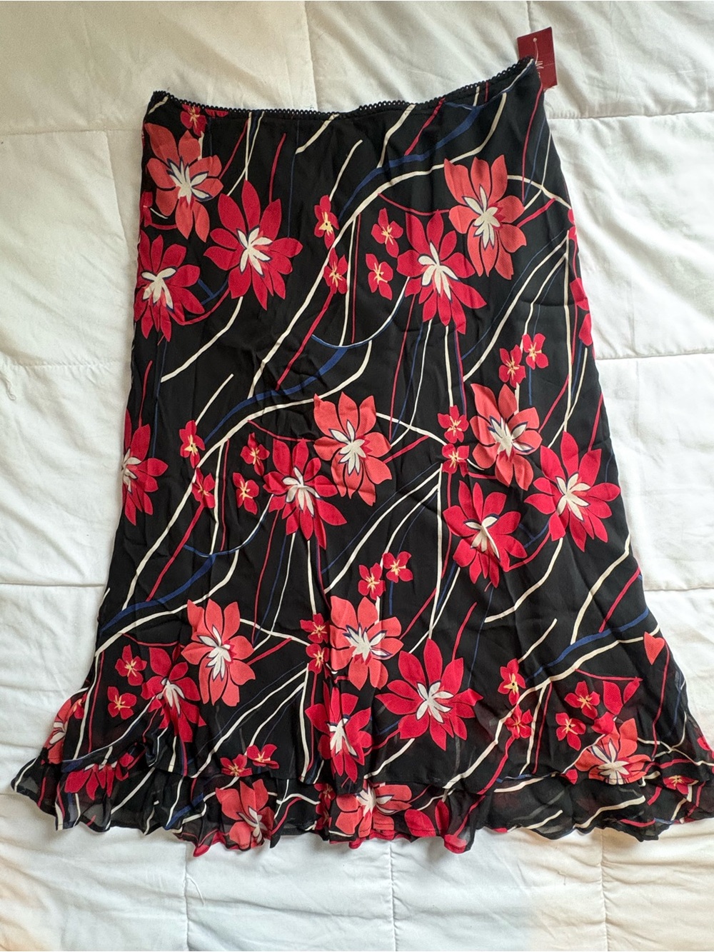 JM Collection NWT 14 Black Red Floral Ruffle Midi Skirt Y2K Whimsigoth